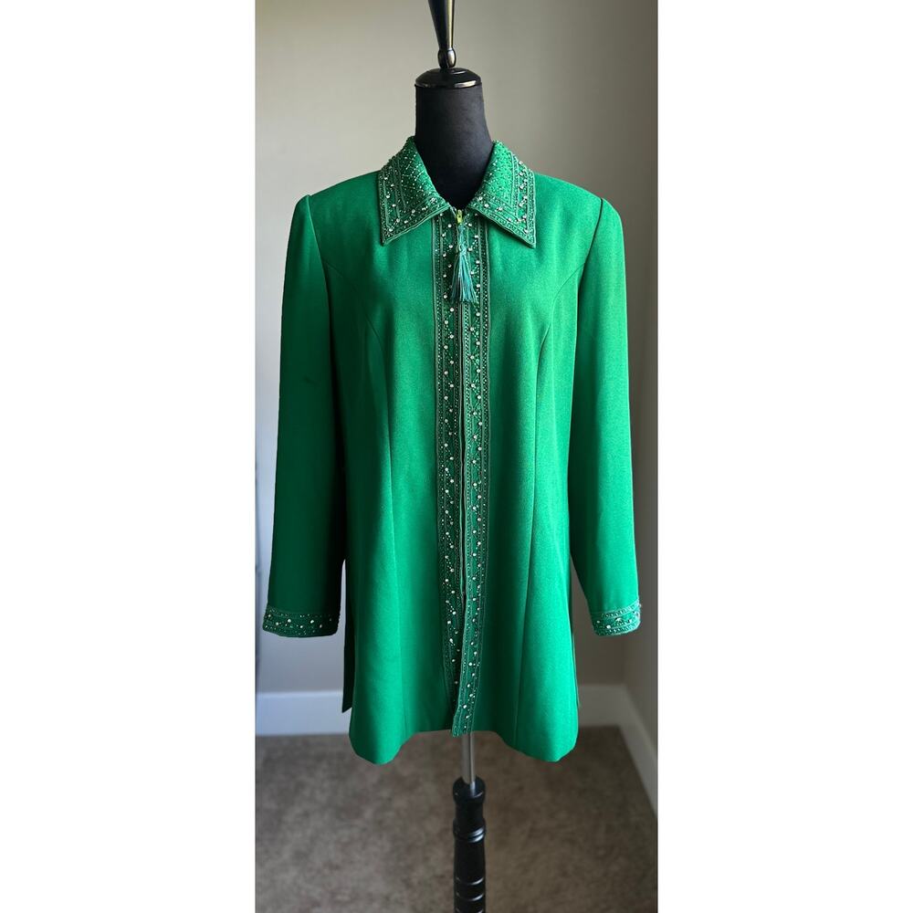 BEN MARC Kelly Green Beaded Zip Front Long Suit Jacket Size 12